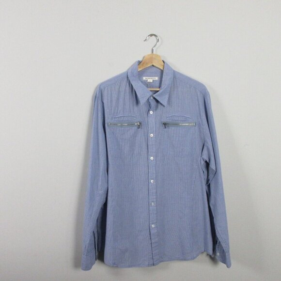 John Varvatos Button Up Shirt Men XXL Blue Micro Check Zipper Patch Pocket 194 - Picture 1 of 14